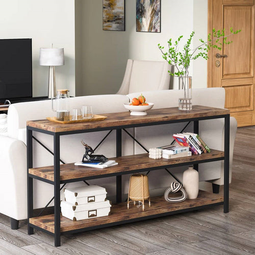 Rustic two-shelf console table with black metal frame by HomePacific