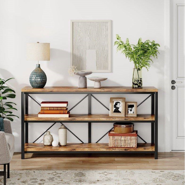 55-Inch Rustic Wood 2-Shelf Console Table with Black Metal Frame