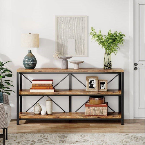 55-Inch Rustic Wood 2-Shelf Console Table with Black Metal Frame