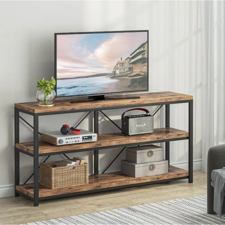 55-Inch Rustic Wood 2-Shelf Console Table with Black Metal Frame