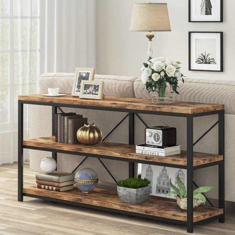 55-Inch Rustic Wood 2-Shelf Console Table with Black Metal Frame