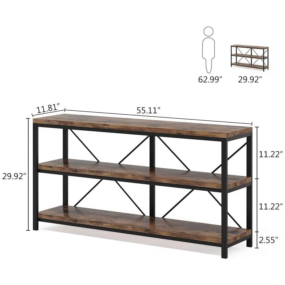 55-Inch Rustic Wood 2-Shelf Console Table with Black Metal Frame