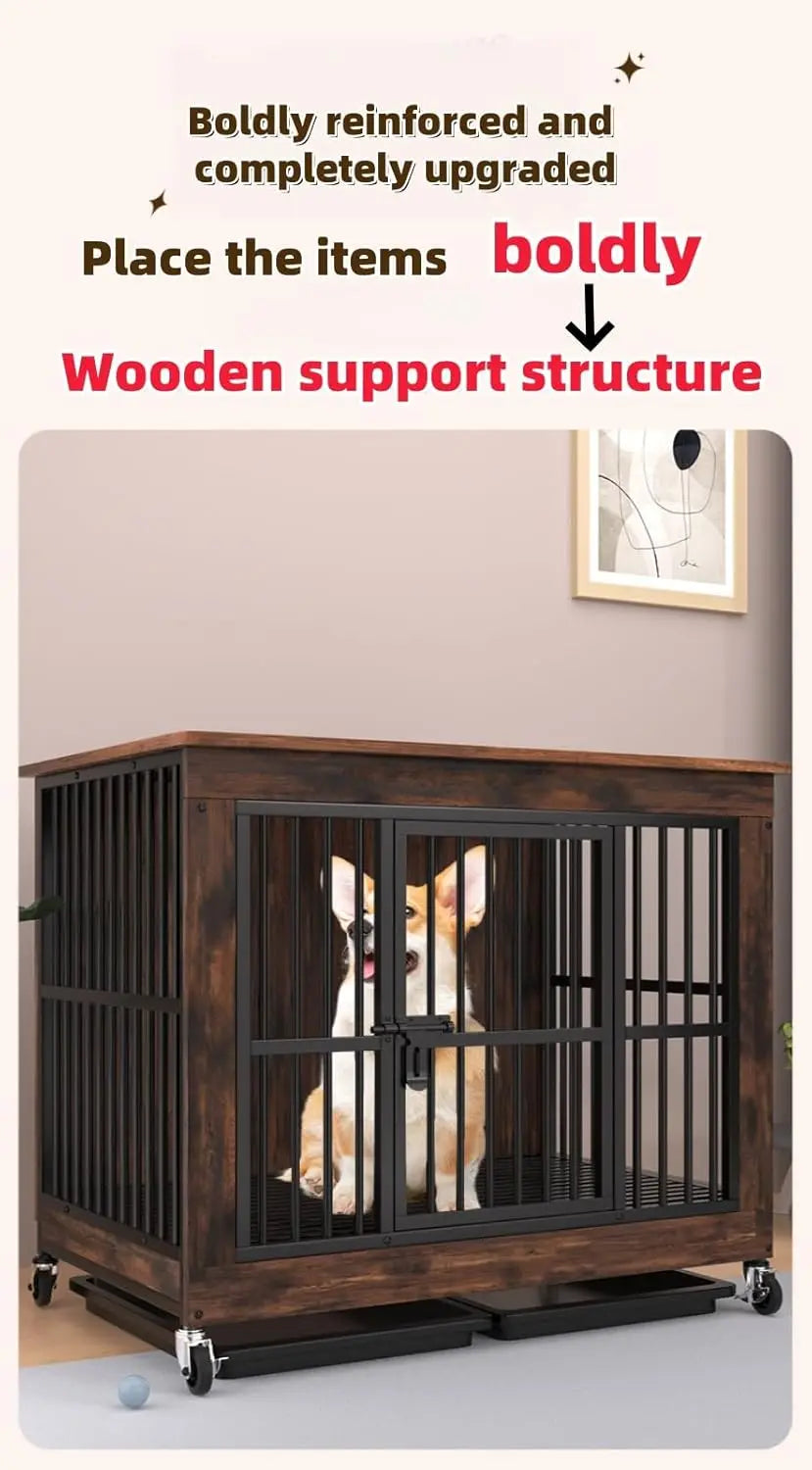 Wooden Dog Crate Side Table with Wheels