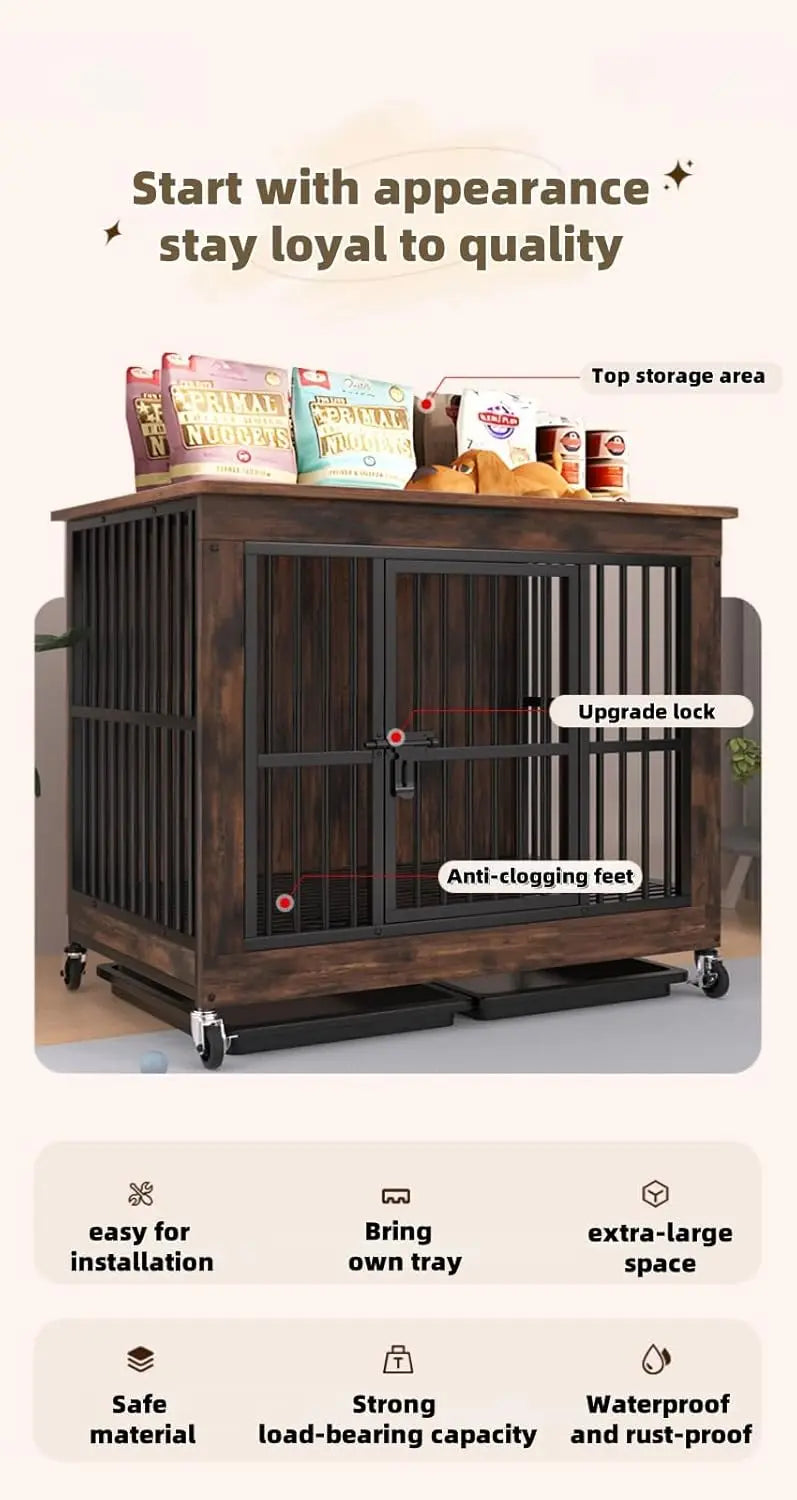 Wooden Dog Crate Side Table with Wheels