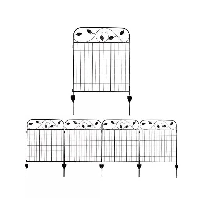 Four black steel garden fence panels with ground stakes by HomePacific