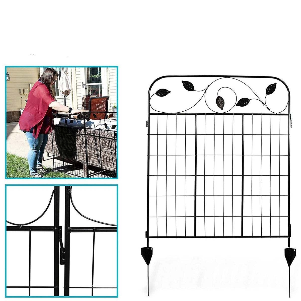4-Pack Black Steel Garden Fence Panels with Stakes