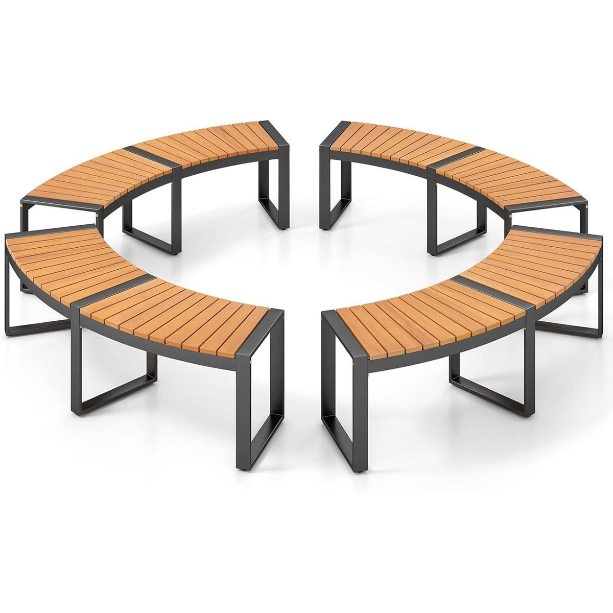 Set of four curved acacia wood and metal outdoor benches by HomePacific