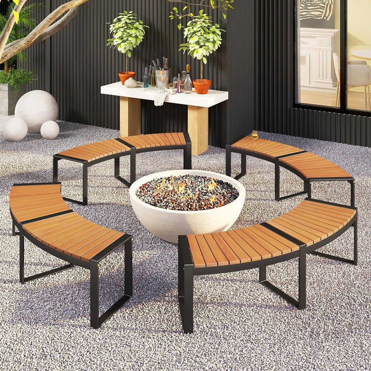 Set of 4 Curved Acacia Wood & Metal Outdoor Benches