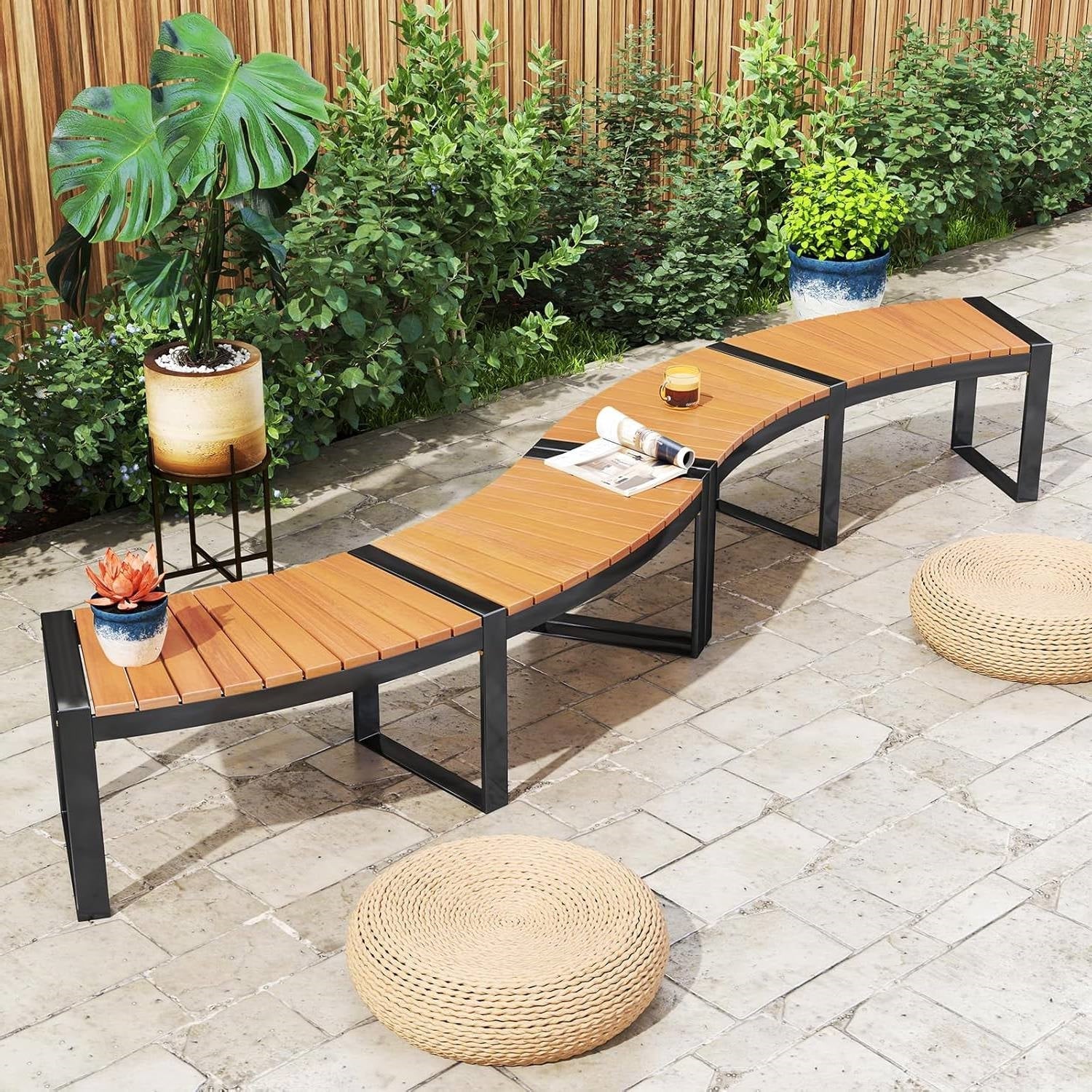 Set of 4 Curved Acacia Wood & Metal Outdoor Benches
