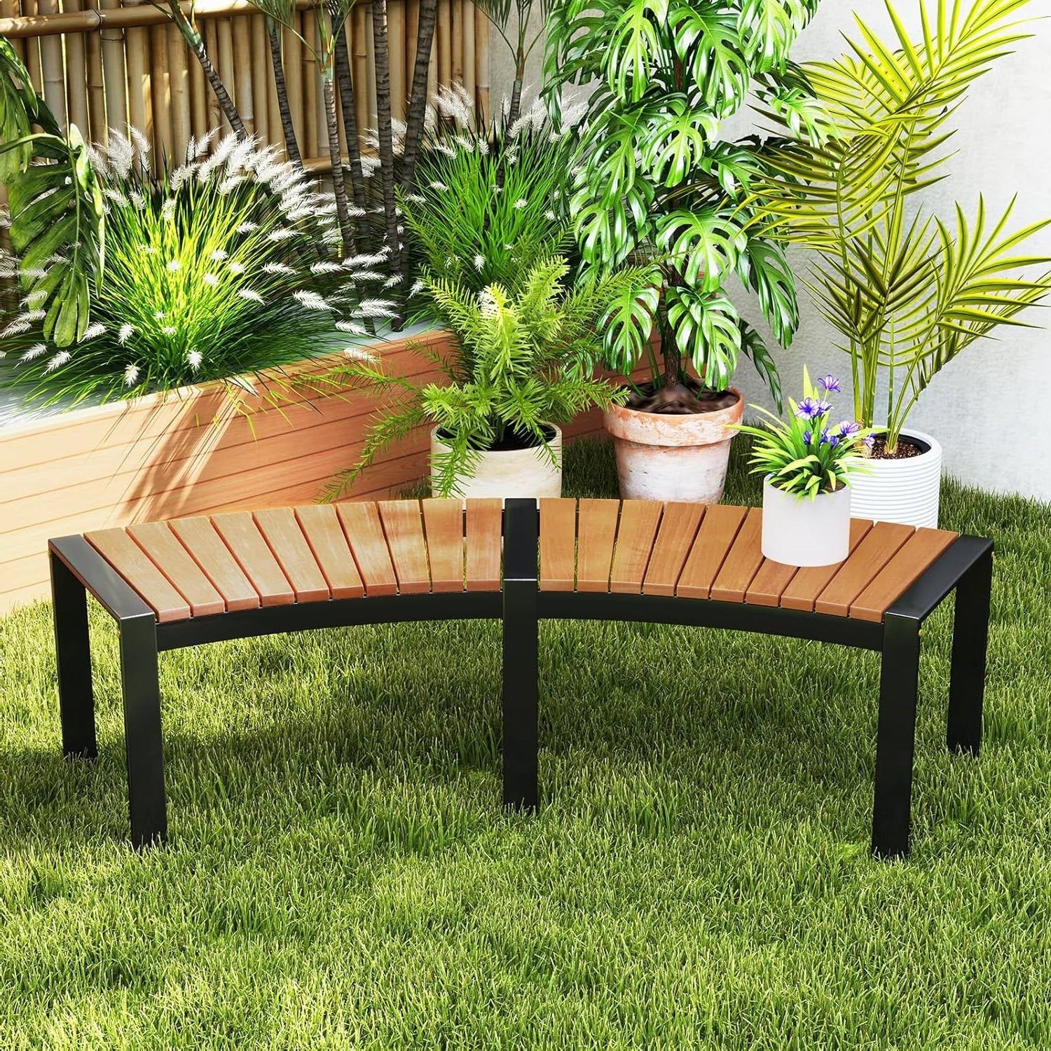 Set of 4 Curved Acacia Wood & Metal Outdoor Benches