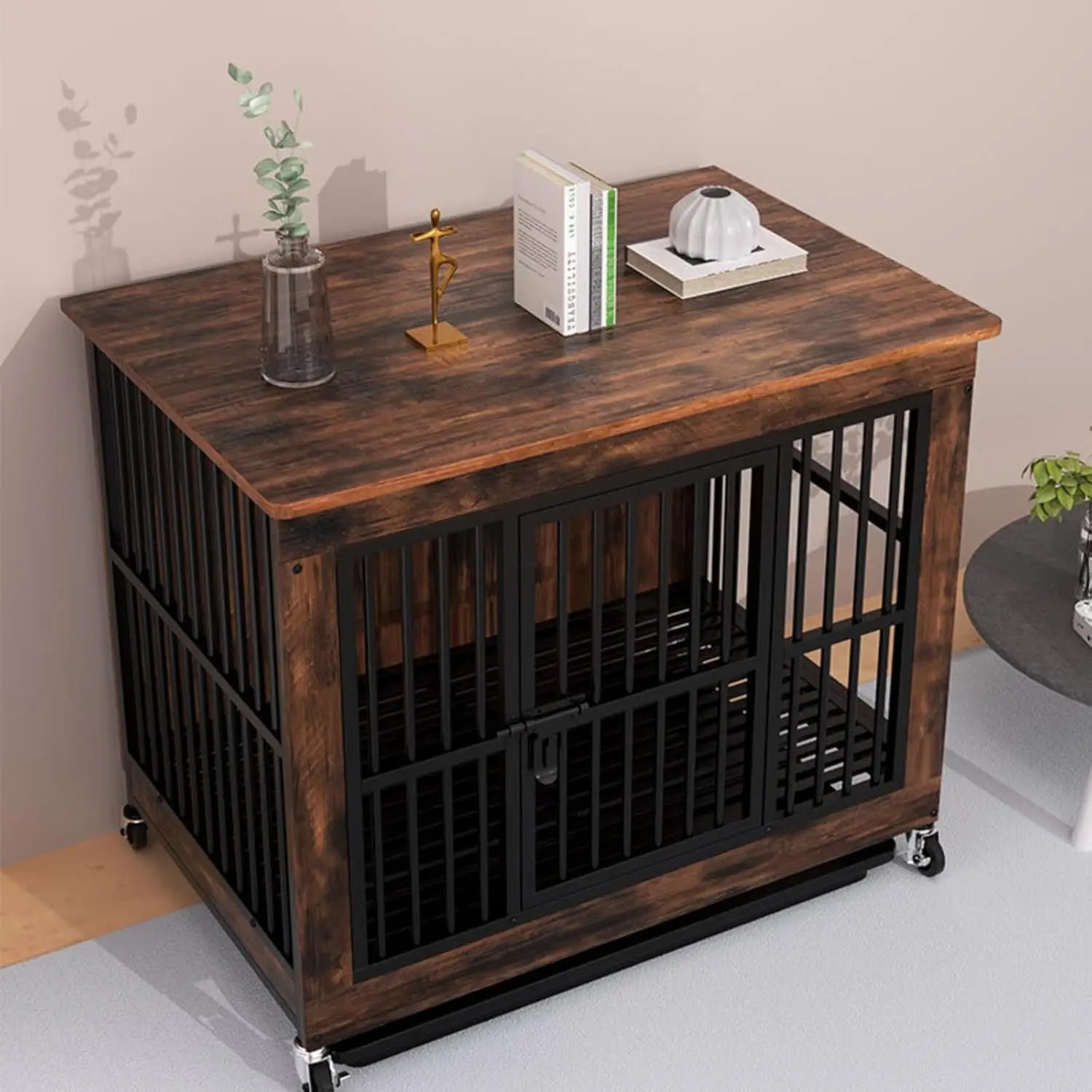 Wooden Dog Crate Side Table with Wheels