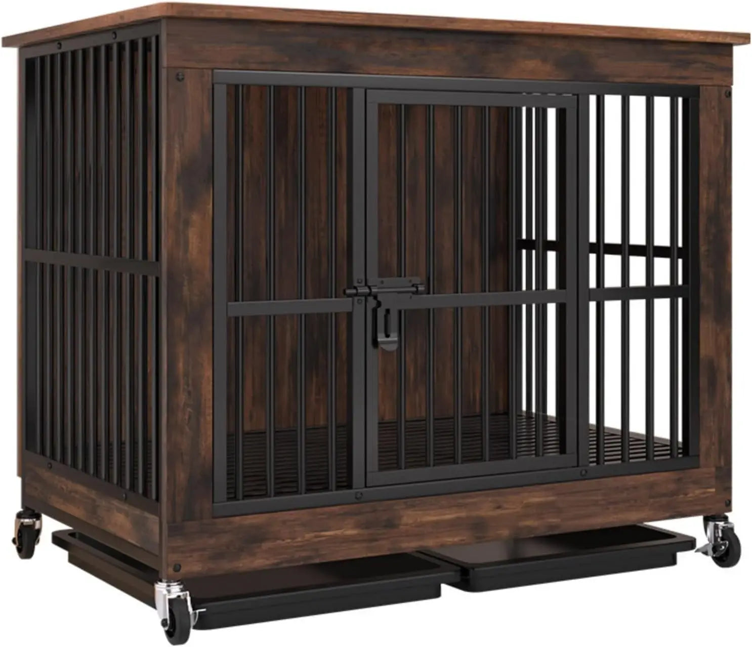 Furniture-style wooden dog crate side table with caster wheels