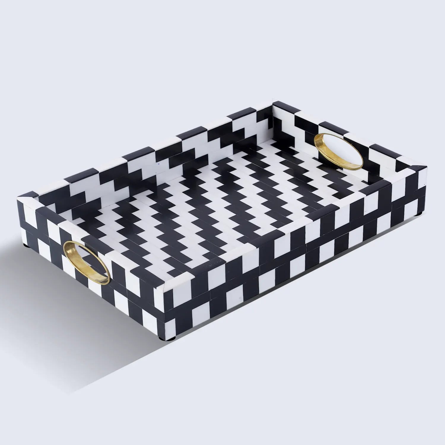 Black White Optique Pixel Resin Decorative Tray Brass 11x17