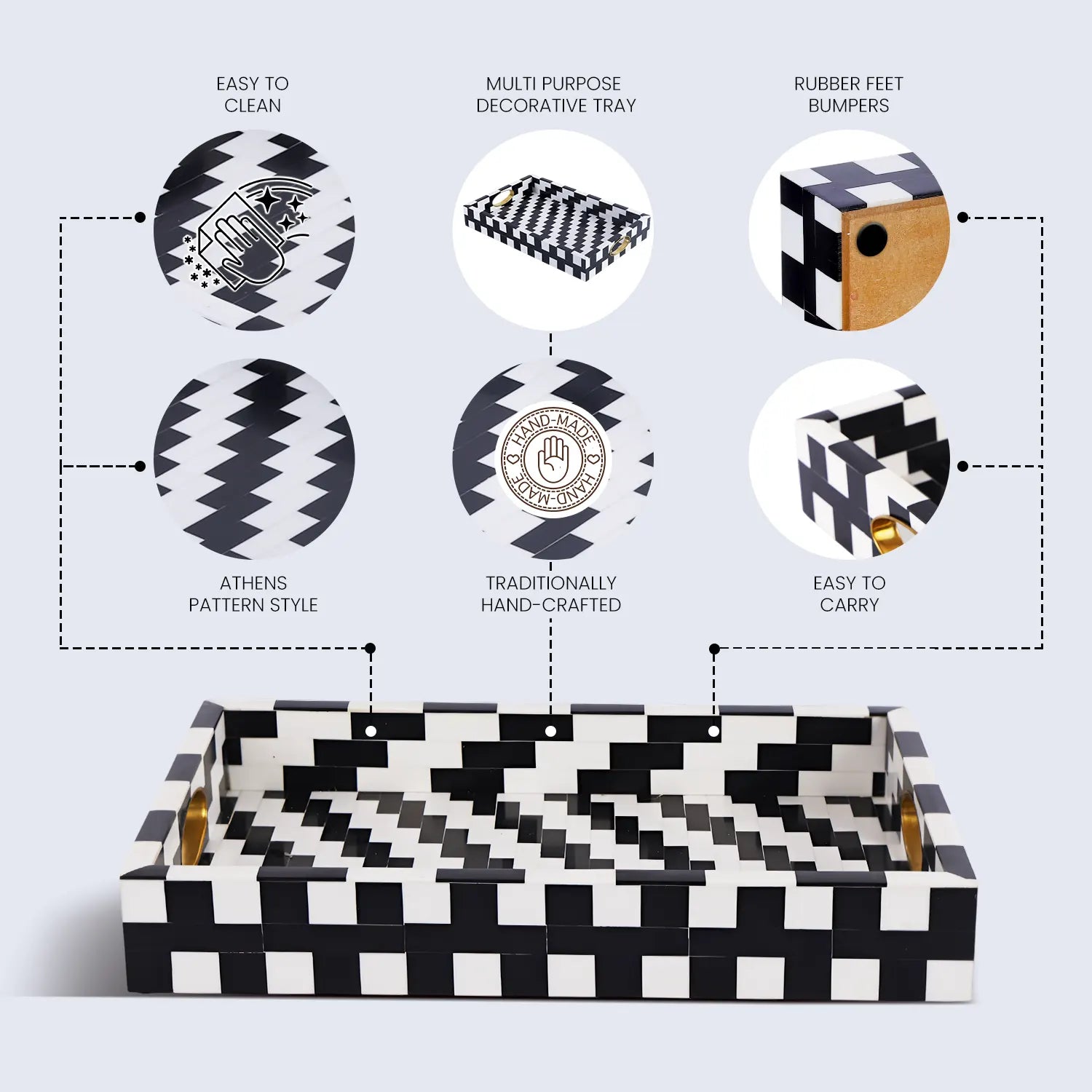 Black White Optique Pixel Resin Decorative Tray Brass 11x17