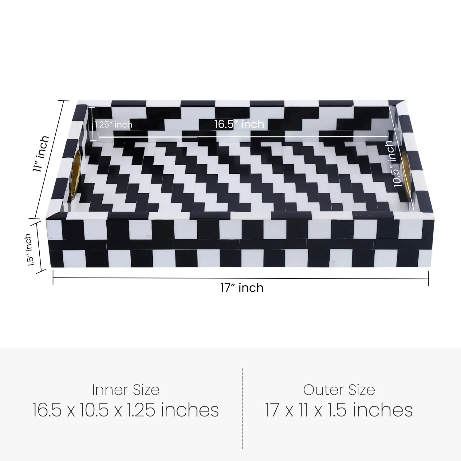 Black White Optique Pixel Resin Decorative Tray Brass 11x17