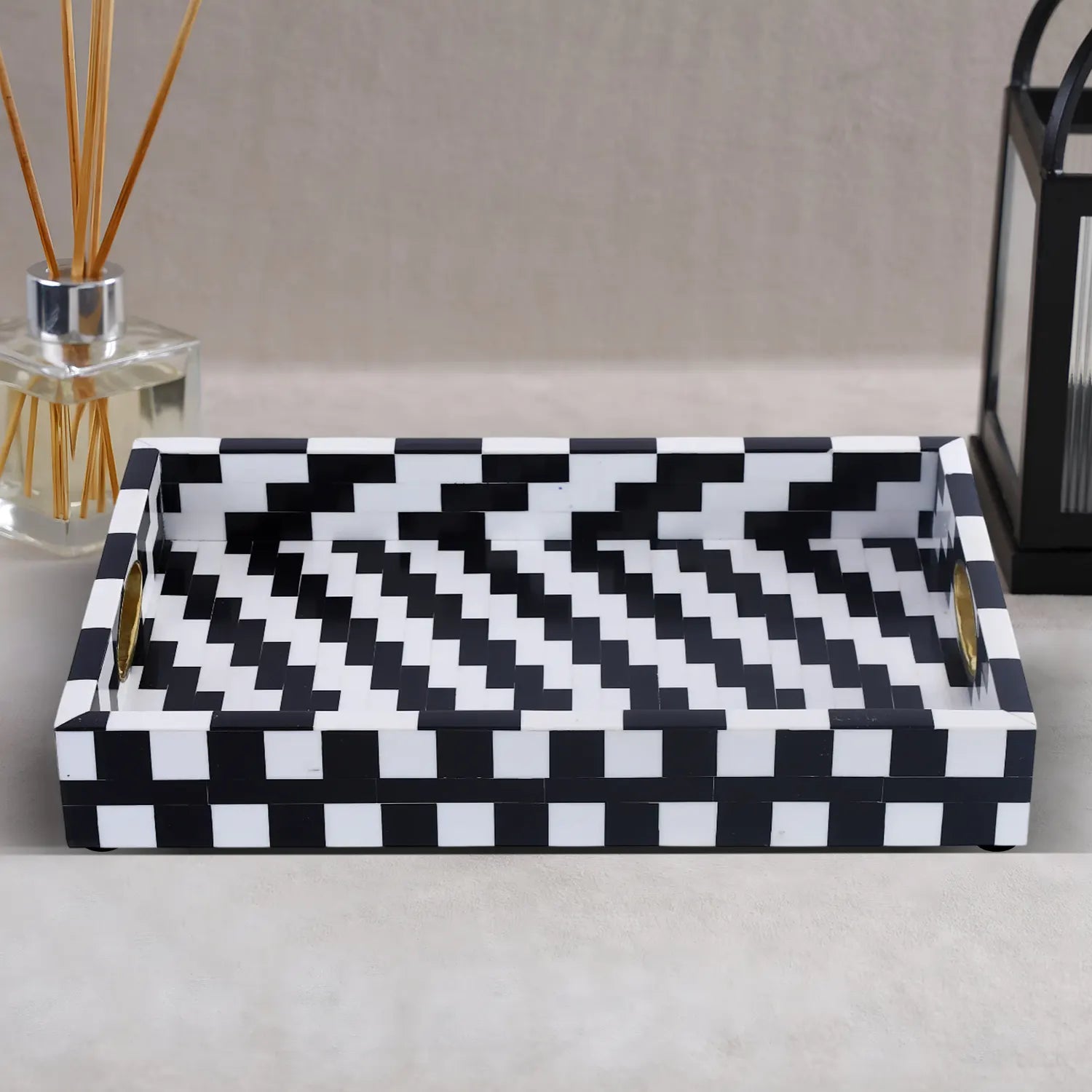 Black White Optique Pixel Resin Decorative Tray Brass 11x17