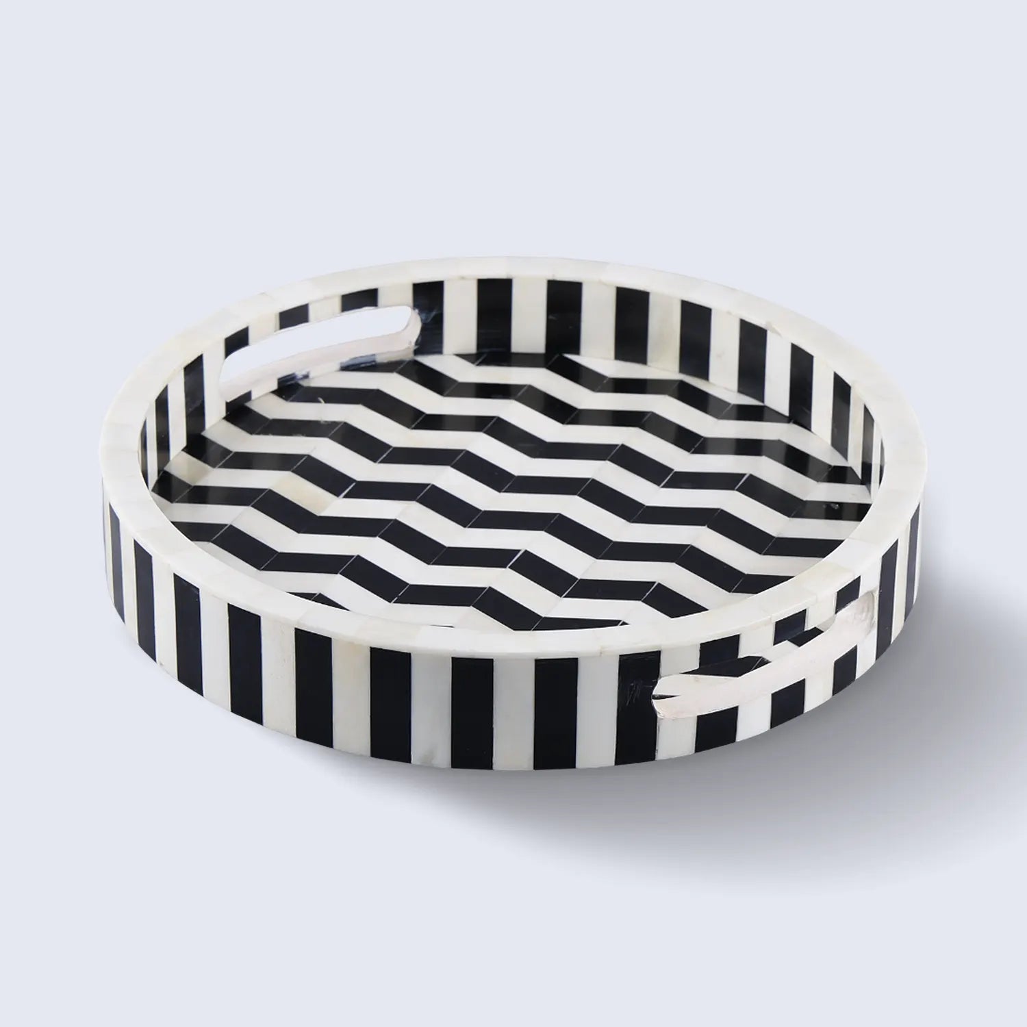 Athens Dinami Round Bone Resin Inlay Decorative Tray B&W 12"