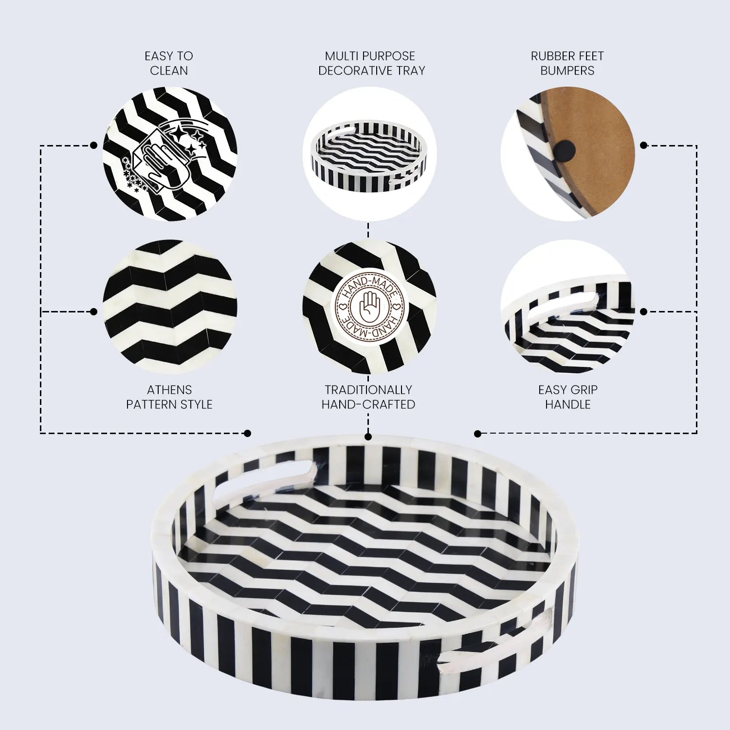Athens Dinami Round Bone Resin Inlay Decorative Tray B&W 12"