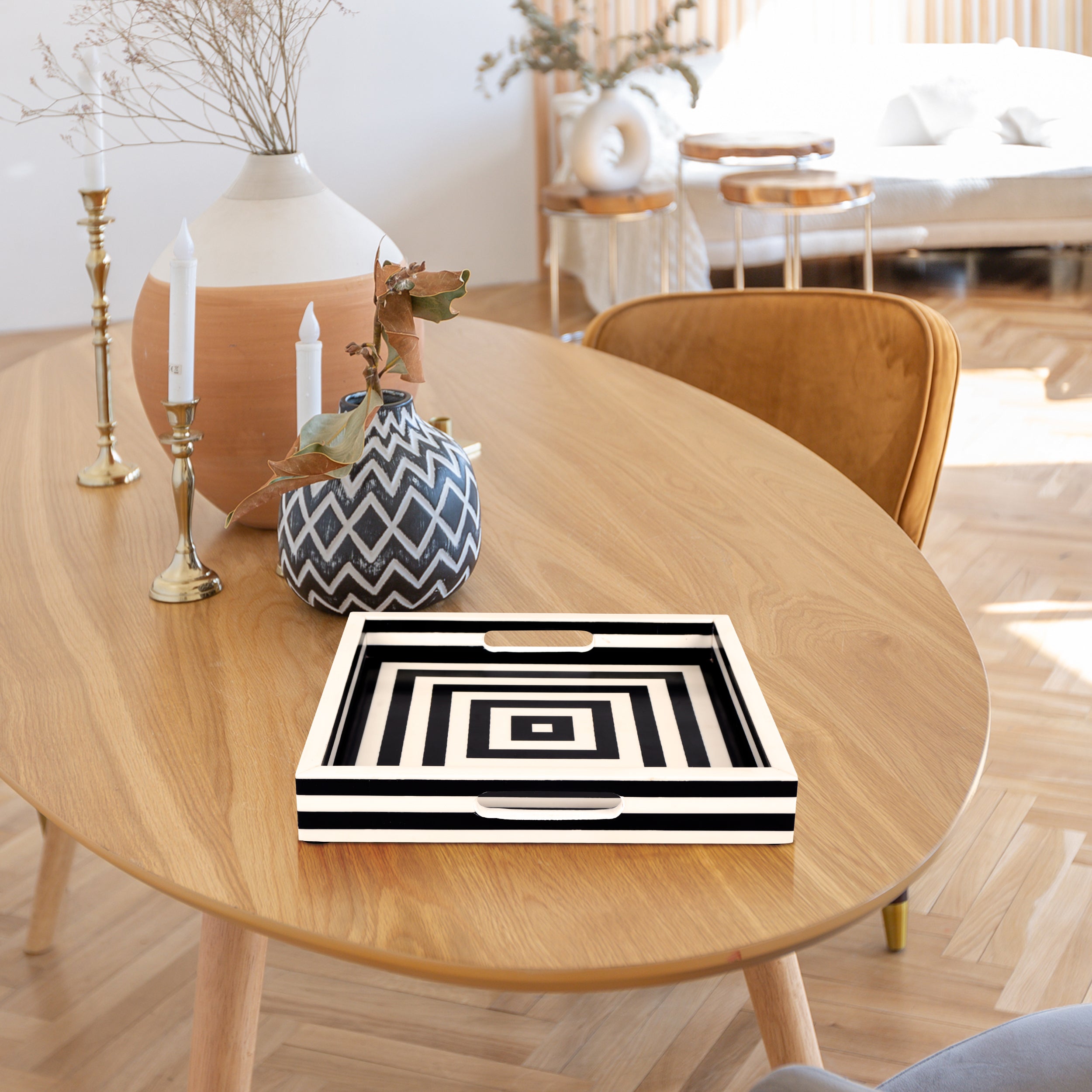 Black White Concentric Tray Coffee Table Ottoman 11x17 12x12