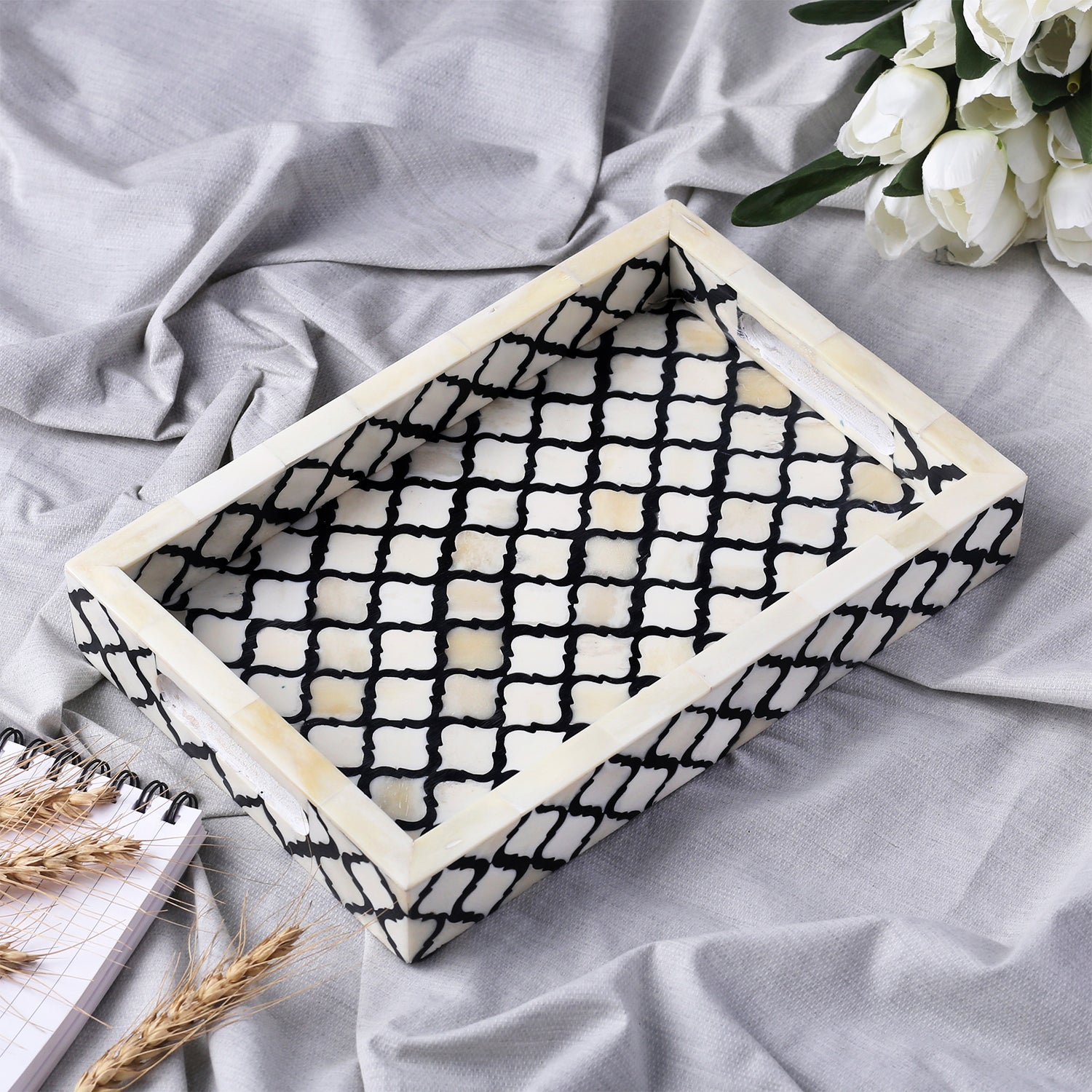 Decorative Tray Moroccan Pattern Bone & Resin Inlay, Black & White, 3 Sizes
