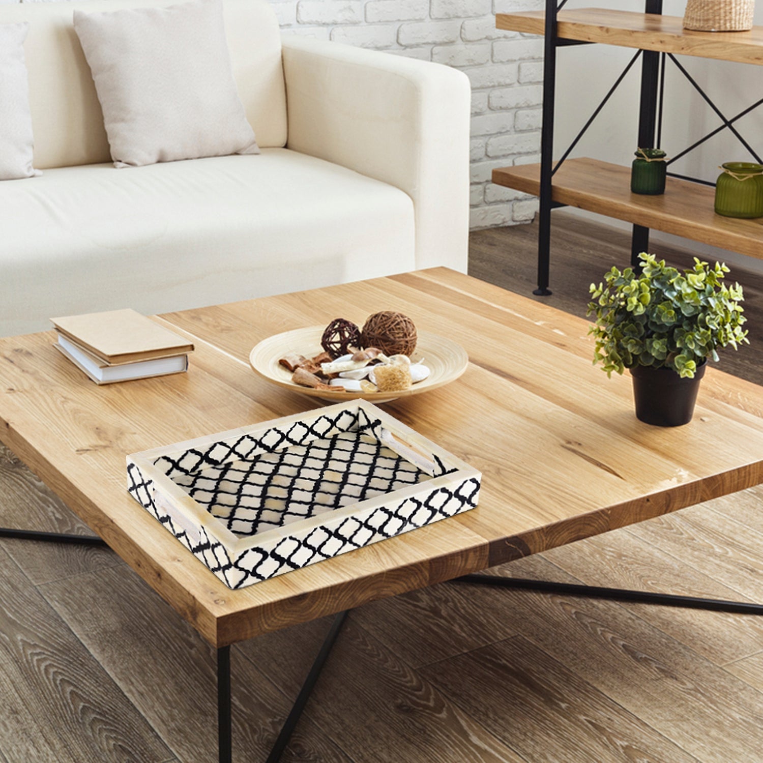 Decorative Tray Moroccan Pattern Bone & Resin Inlay, Black & White, 3 Sizes