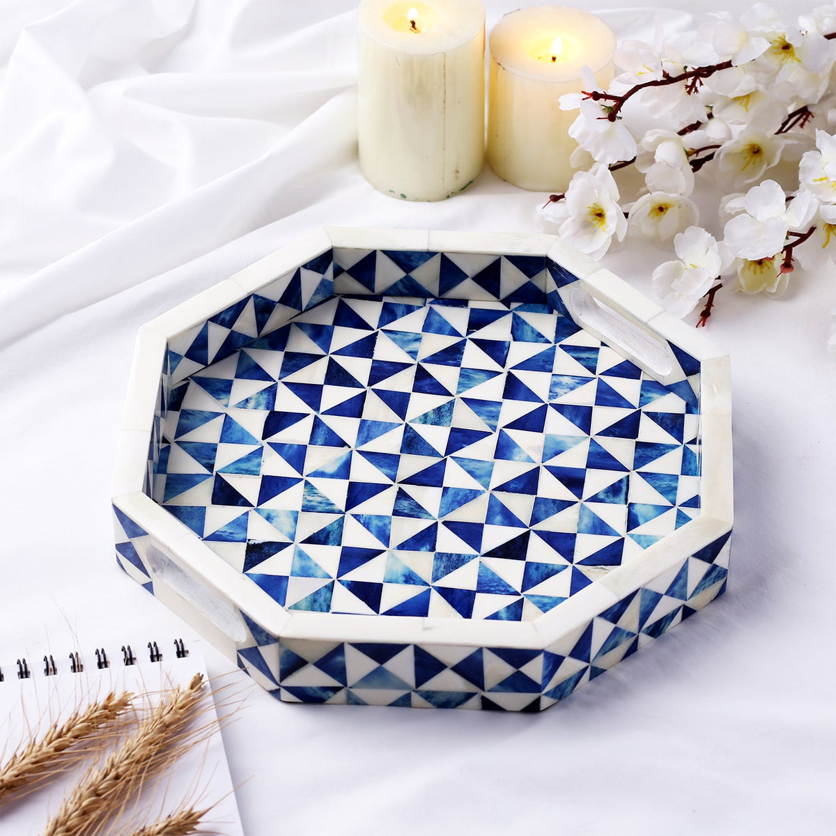 Ory blue and white octagon bone inlay tray