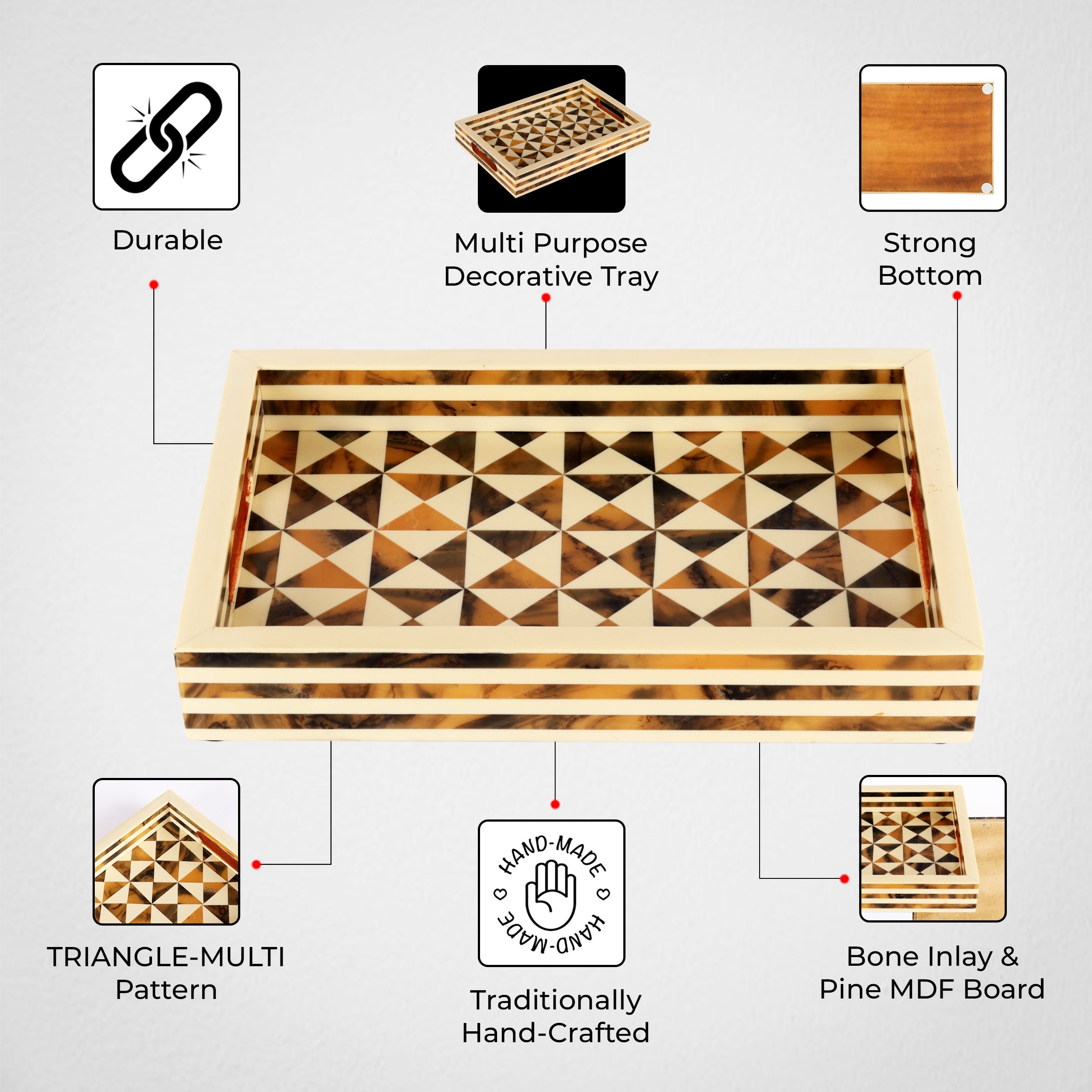 Decorative Tray Triangle Pattern Resin Inlay Brown -12"x 8"