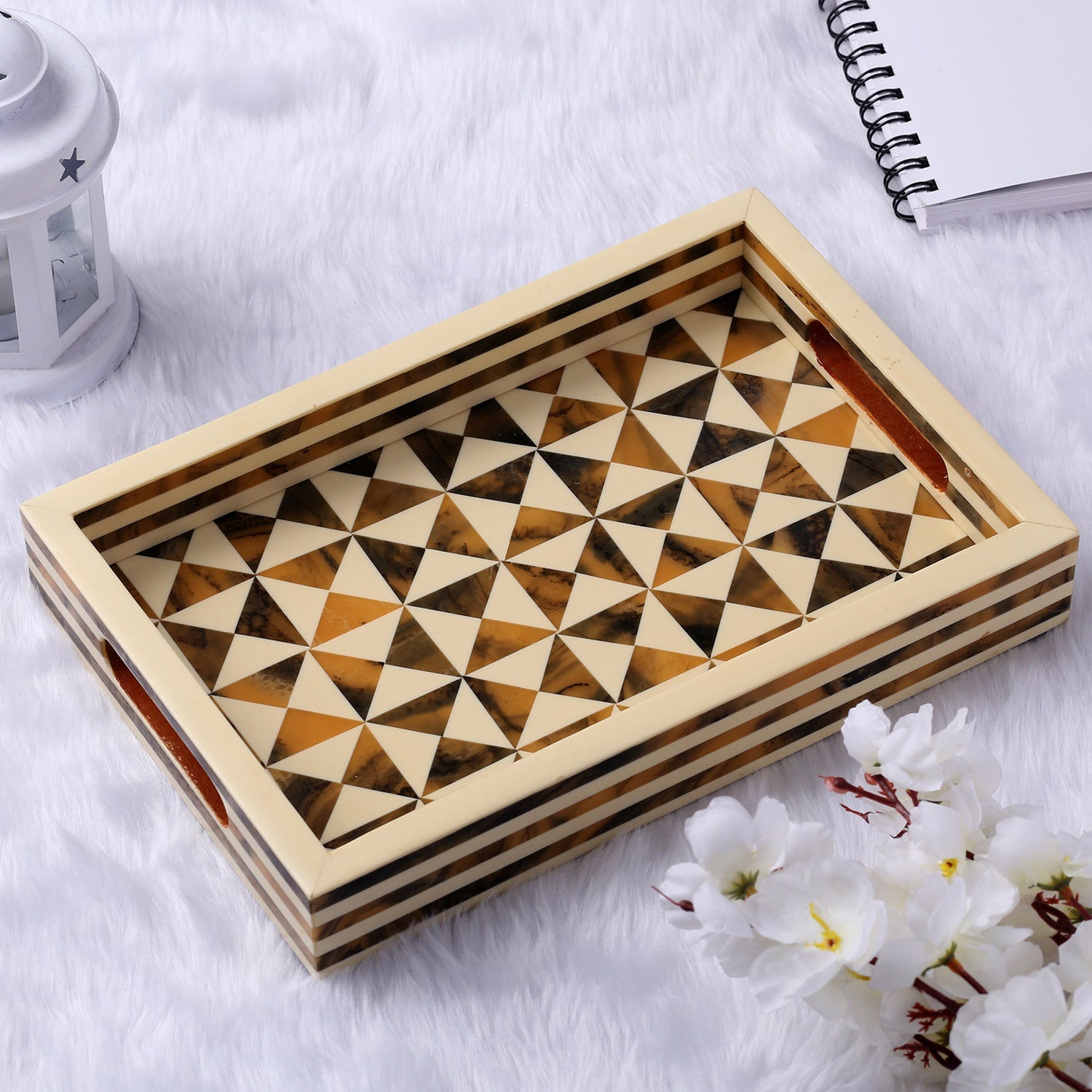 Decorative Tray Triangle Pattern Resin Inlay Brown -12"x 8"