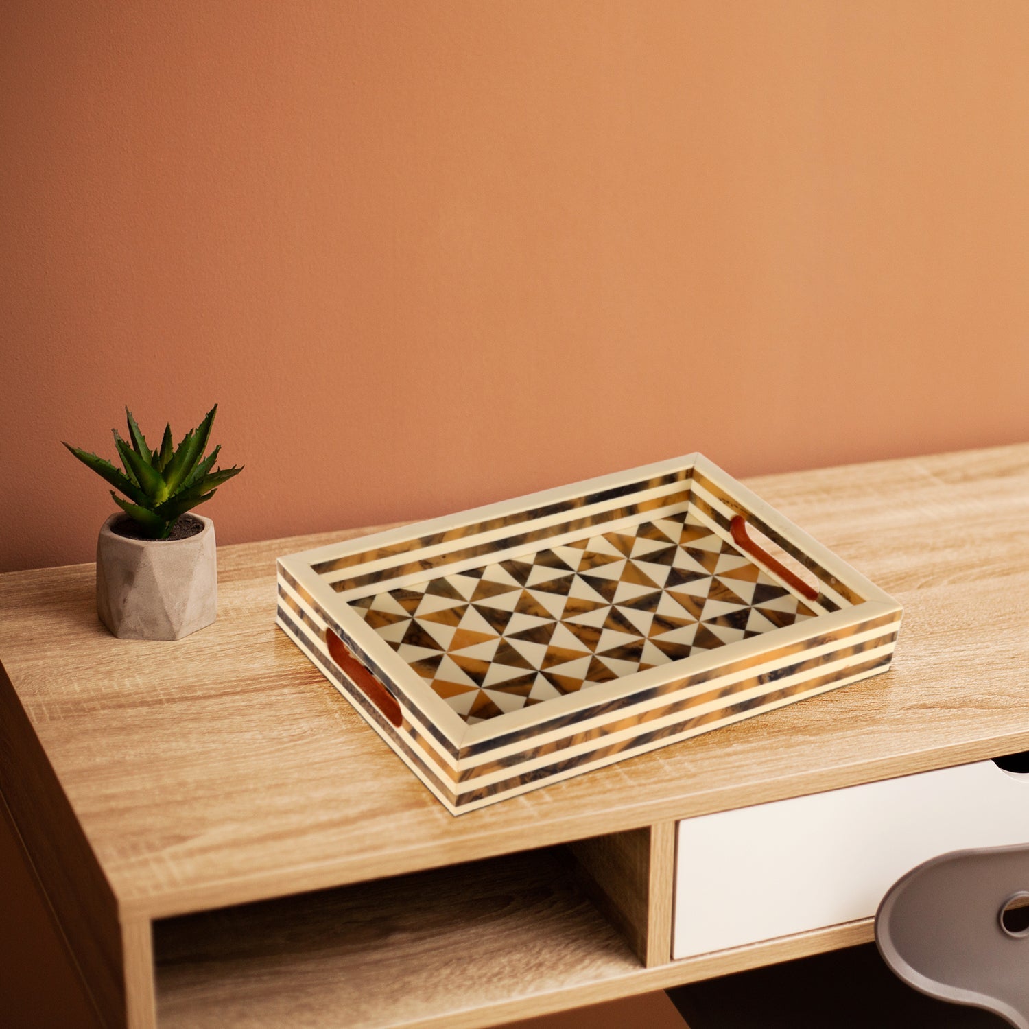 Decorative Tray Triangle Pattern Resin Inlay Brown -12"x 8"