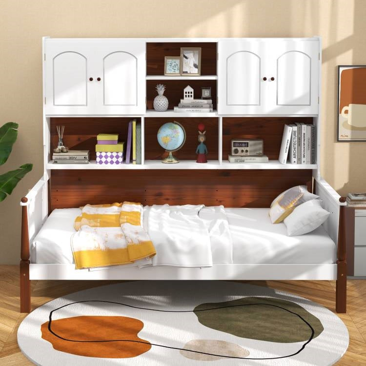 Twin White & Walnut Daybed with Bookcase Headboard