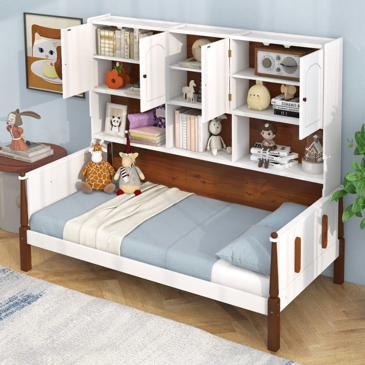 Twin White & Walnut Daybed with Bookcase Headboard
