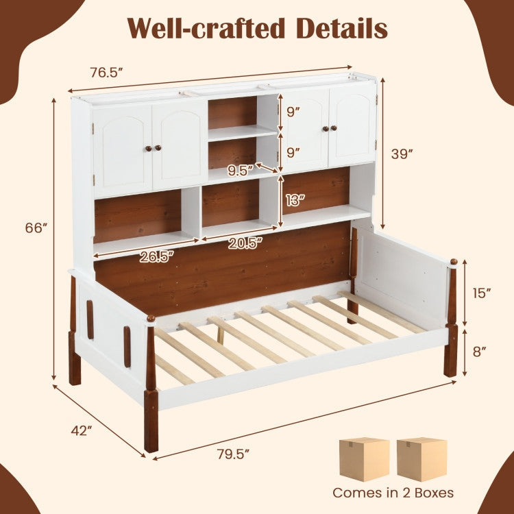 Twin White & Walnut Daybed with Bookcase Headboard