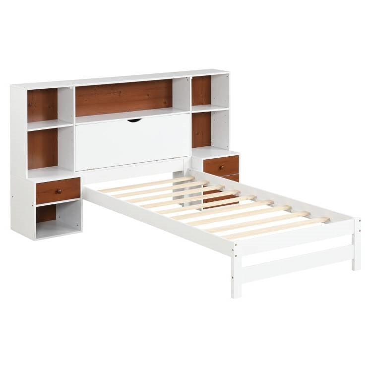 Twin bed with bookcase headboard and two nightstands in white and walnut by HomePacific