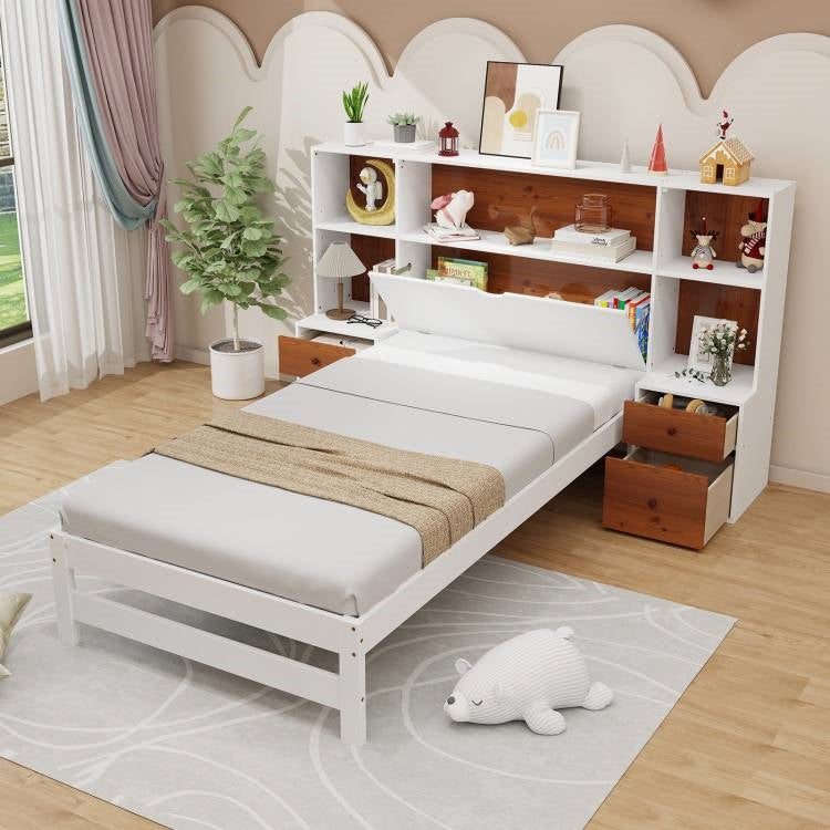 Twin Bed with Bookcase Headboard & 2 Nightstands - White/Walnut