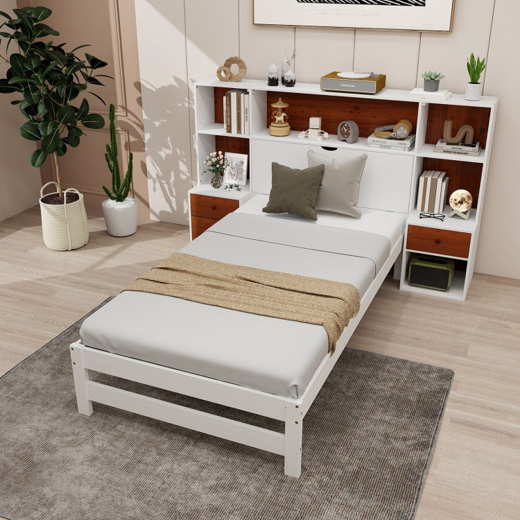 Twin Bed with Bookcase Headboard & 2 Nightstands - White/Walnut