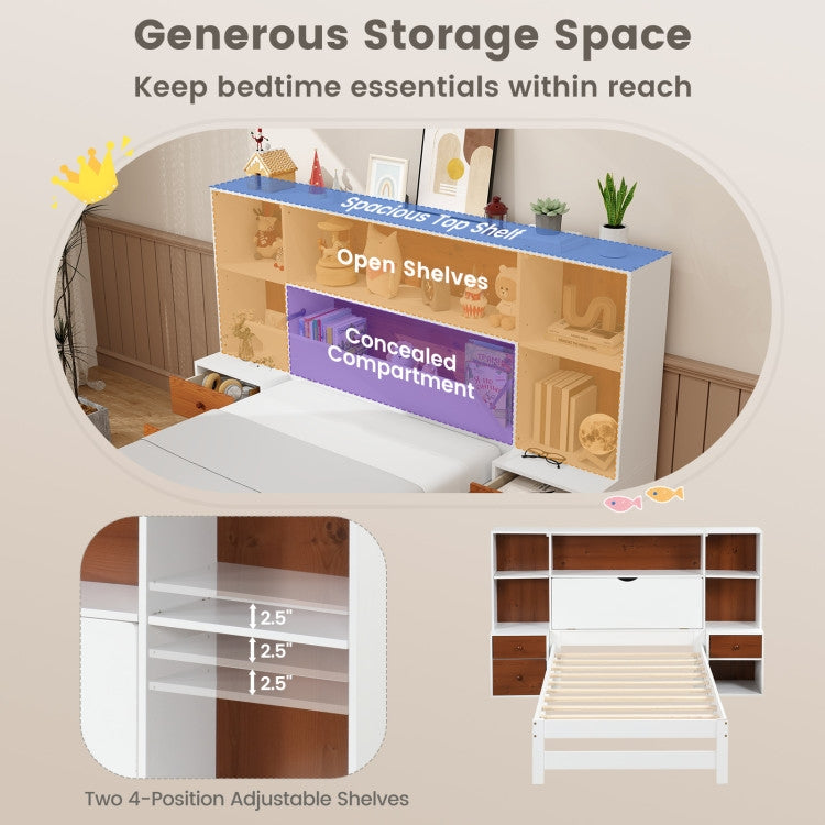 Twin Bed with Bookcase Headboard & 2 Nightstands - White/Walnut