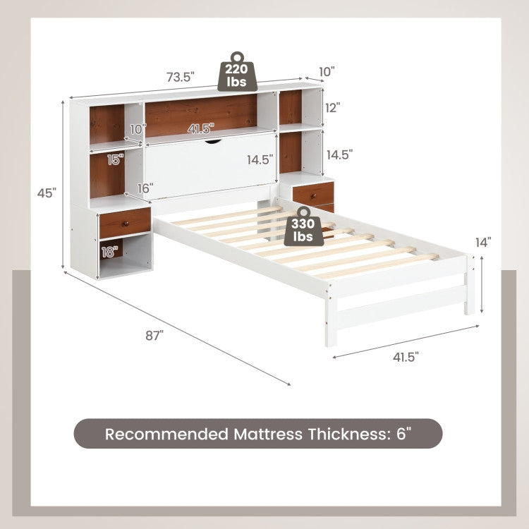 Twin Bed with Bookcase Headboard & 2 Nightstands - White/Walnut