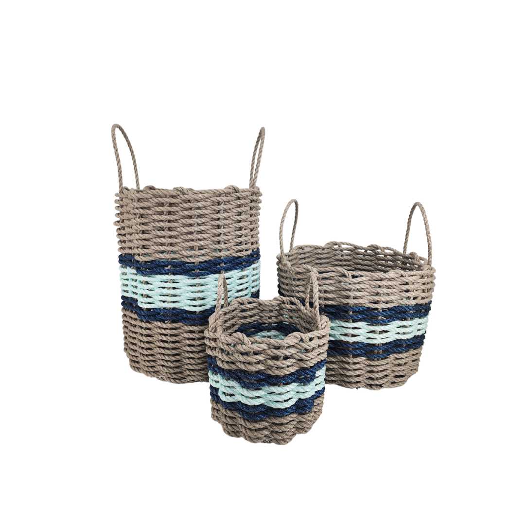 Tan, seafoam and navy rope basket