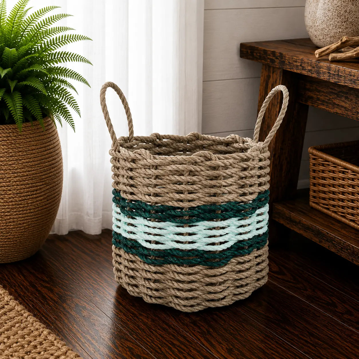 Tan, seafoam and green rope basket