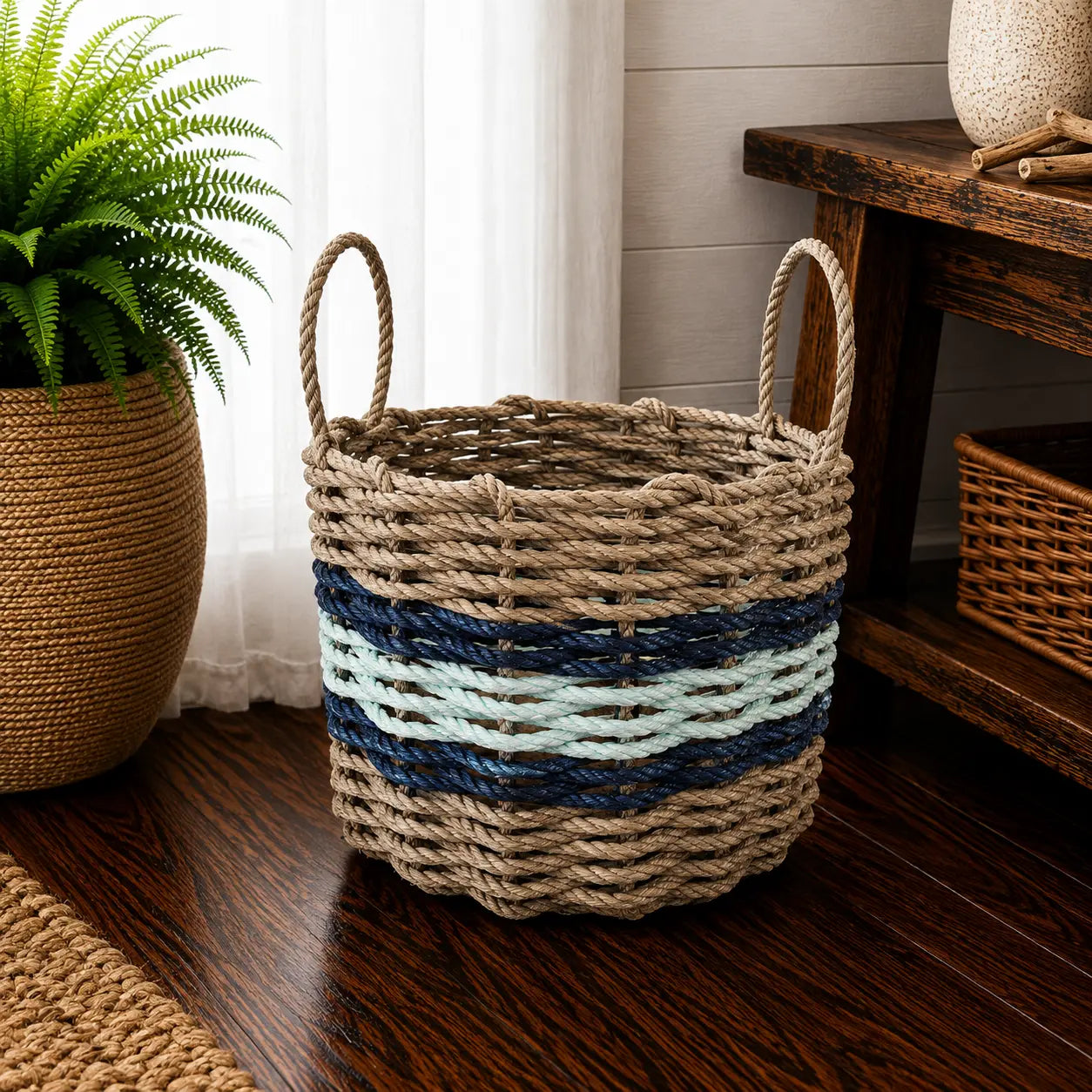 Tan, seafoam and navy rope basket