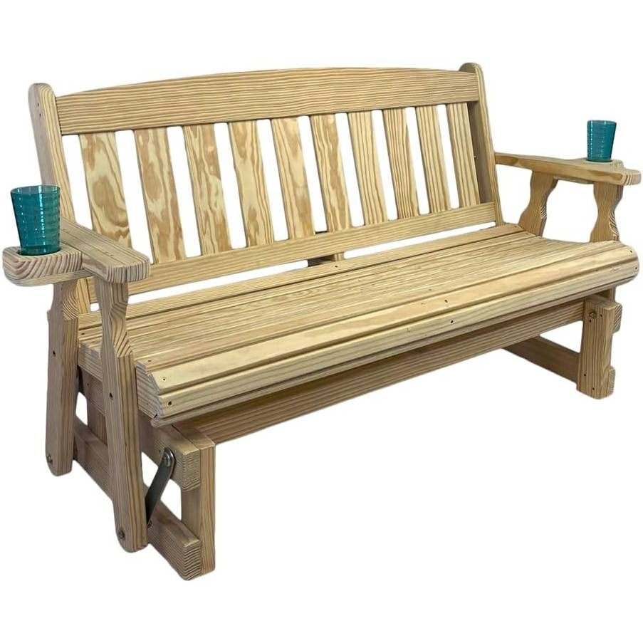 Unfinished pine porch glider bench with cupholders by HomePacific