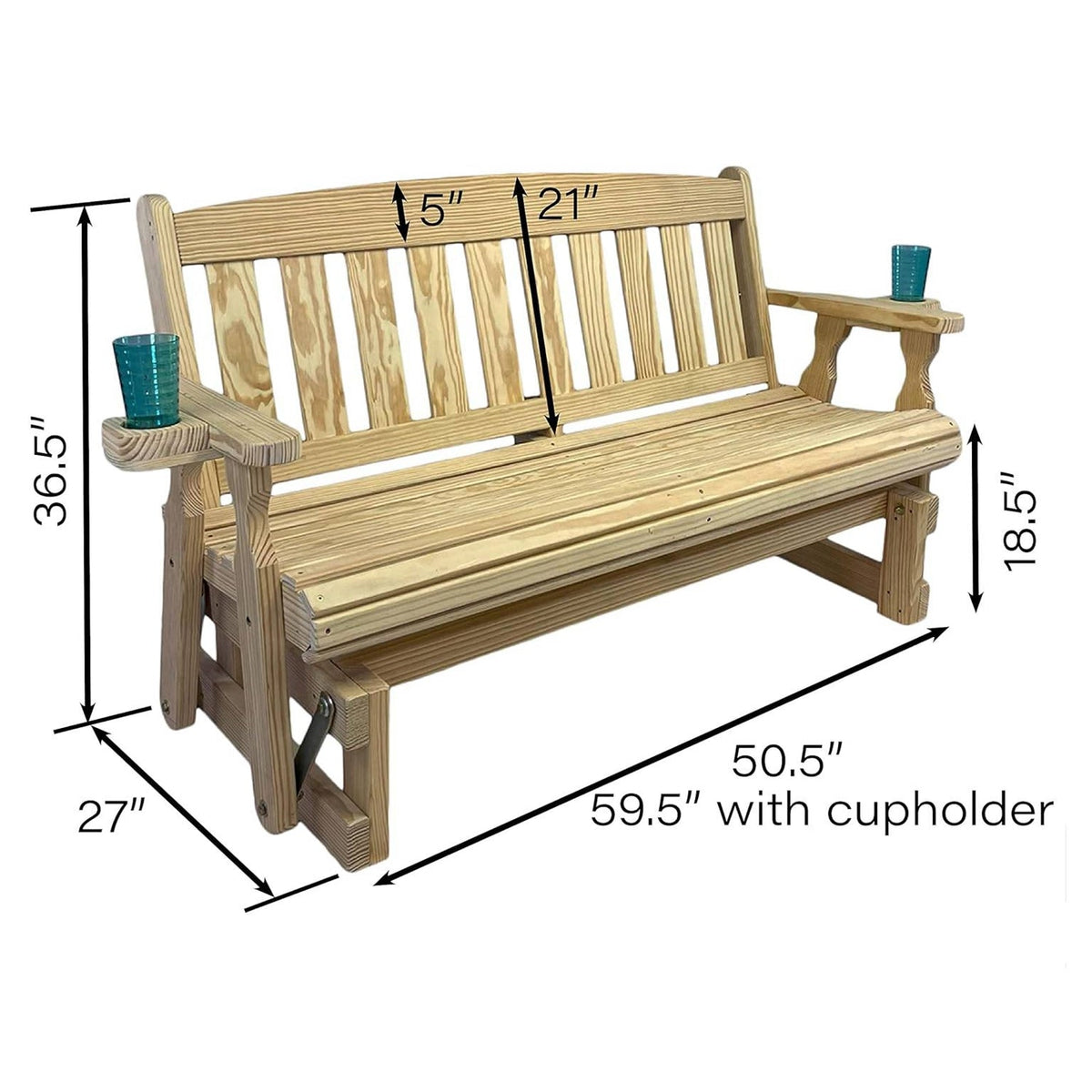 4-Foot Unfinished Pine Porch Glider Bench with Cupholders - Made in USA