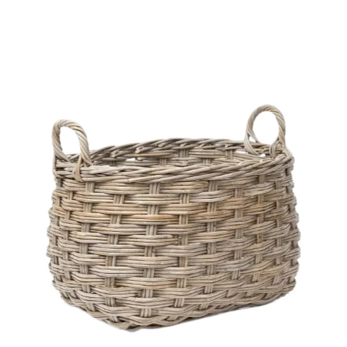 Large rounded oval rattan storage basket with handles