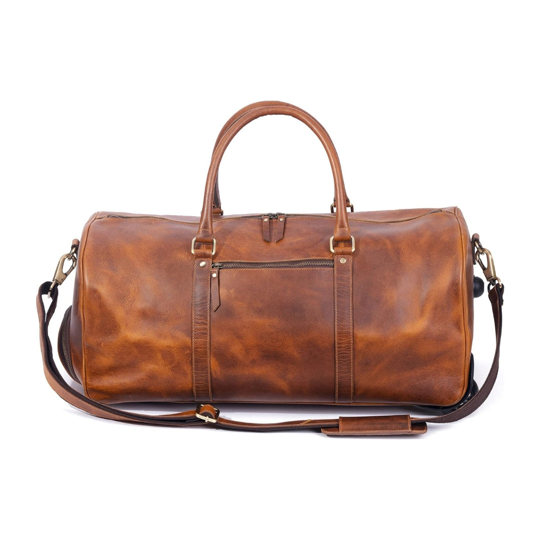 Tan buffalo leather wheeled trolley duffel travel bag