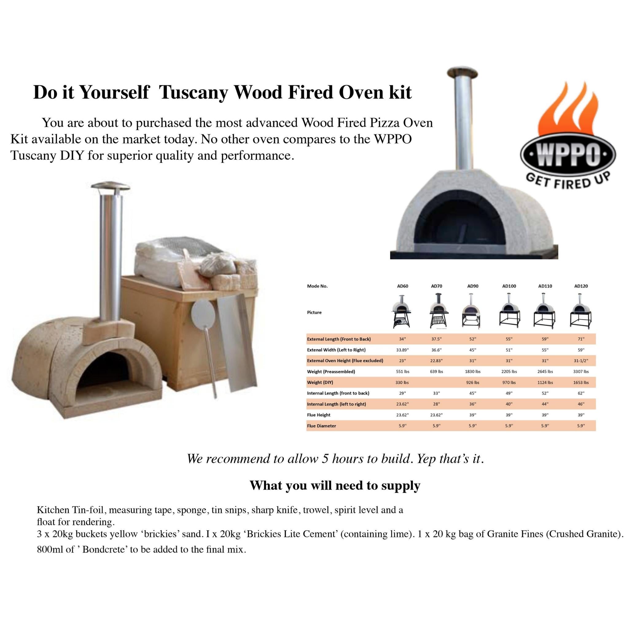 Do It Yourself (DIY) Wood Fired Oven Tuscany Kit 100 (55D x 52W x 31H)