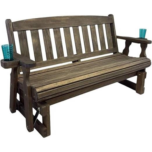 Dark walnut porch glider bench with cupholders by HomePacific