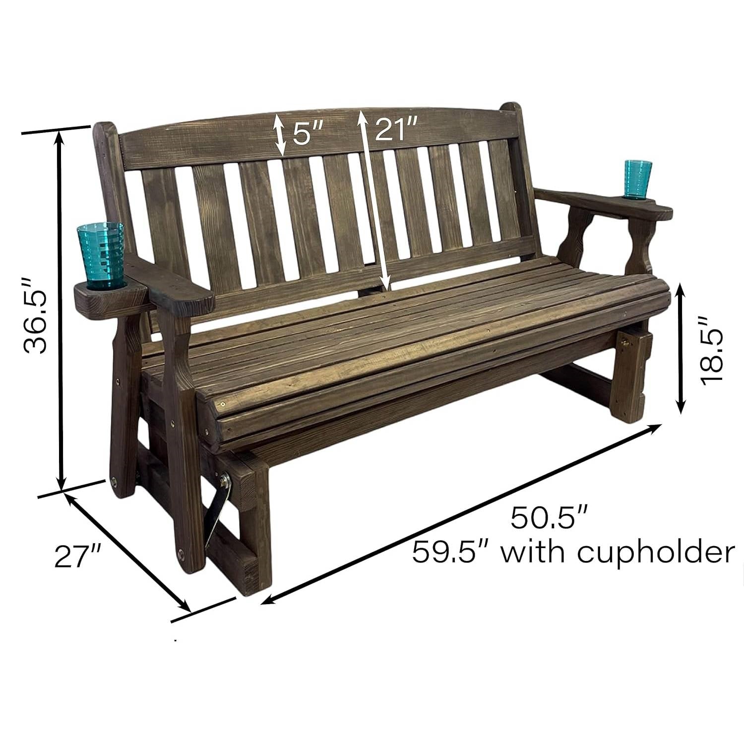 4-Foot Dark Walnut Porch Glider Bench with Cupholders - Made in USA