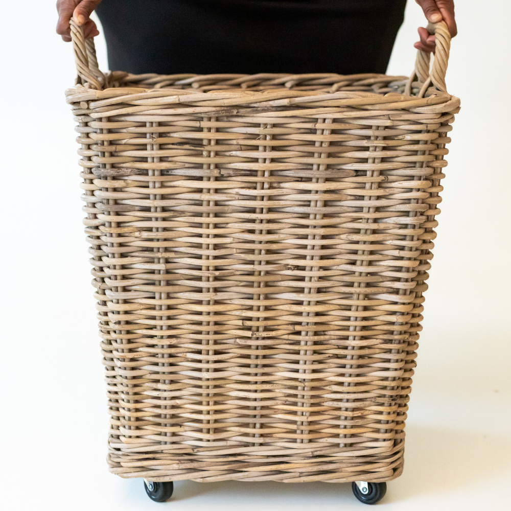 Square Kubu rattan storage basket on wheels