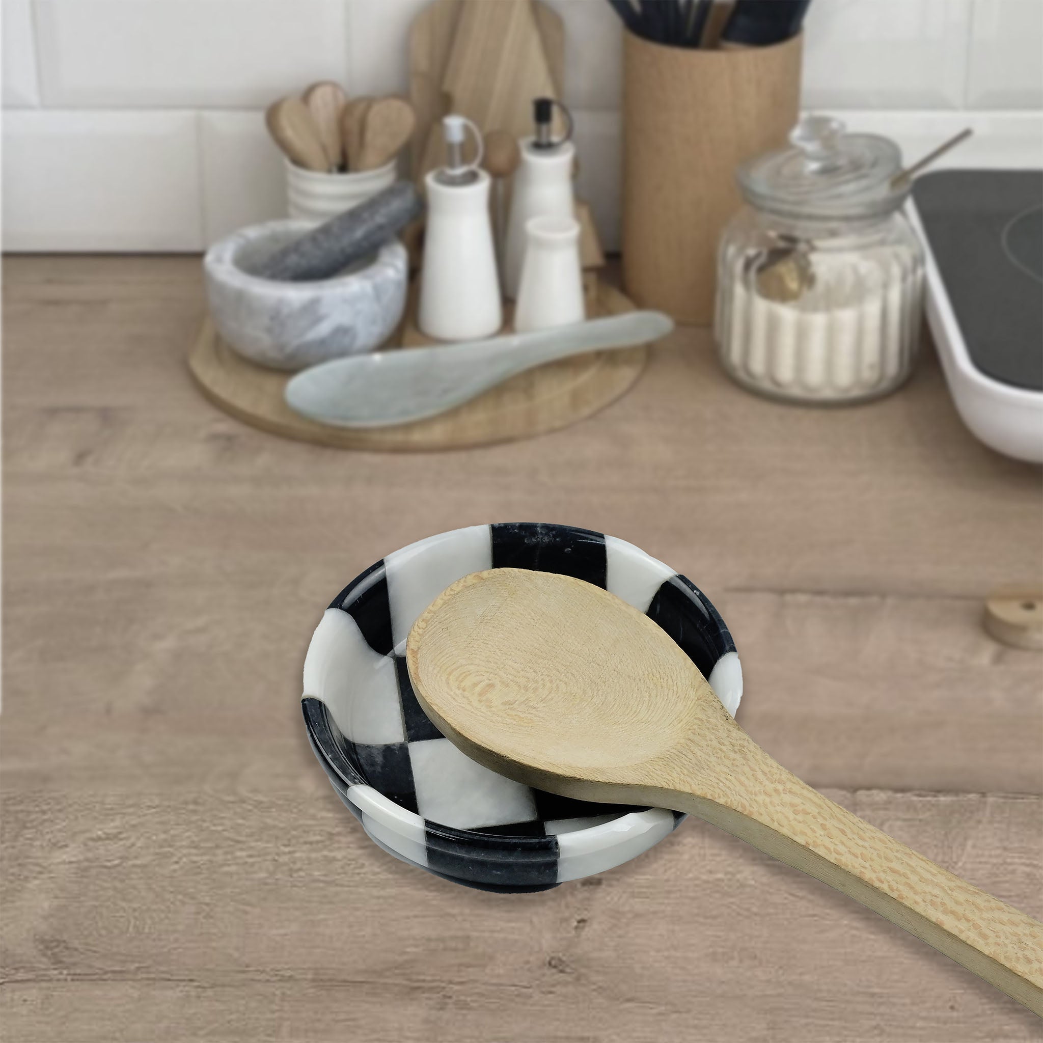 White and Black Marble Spoon Rest – Checkered Design
