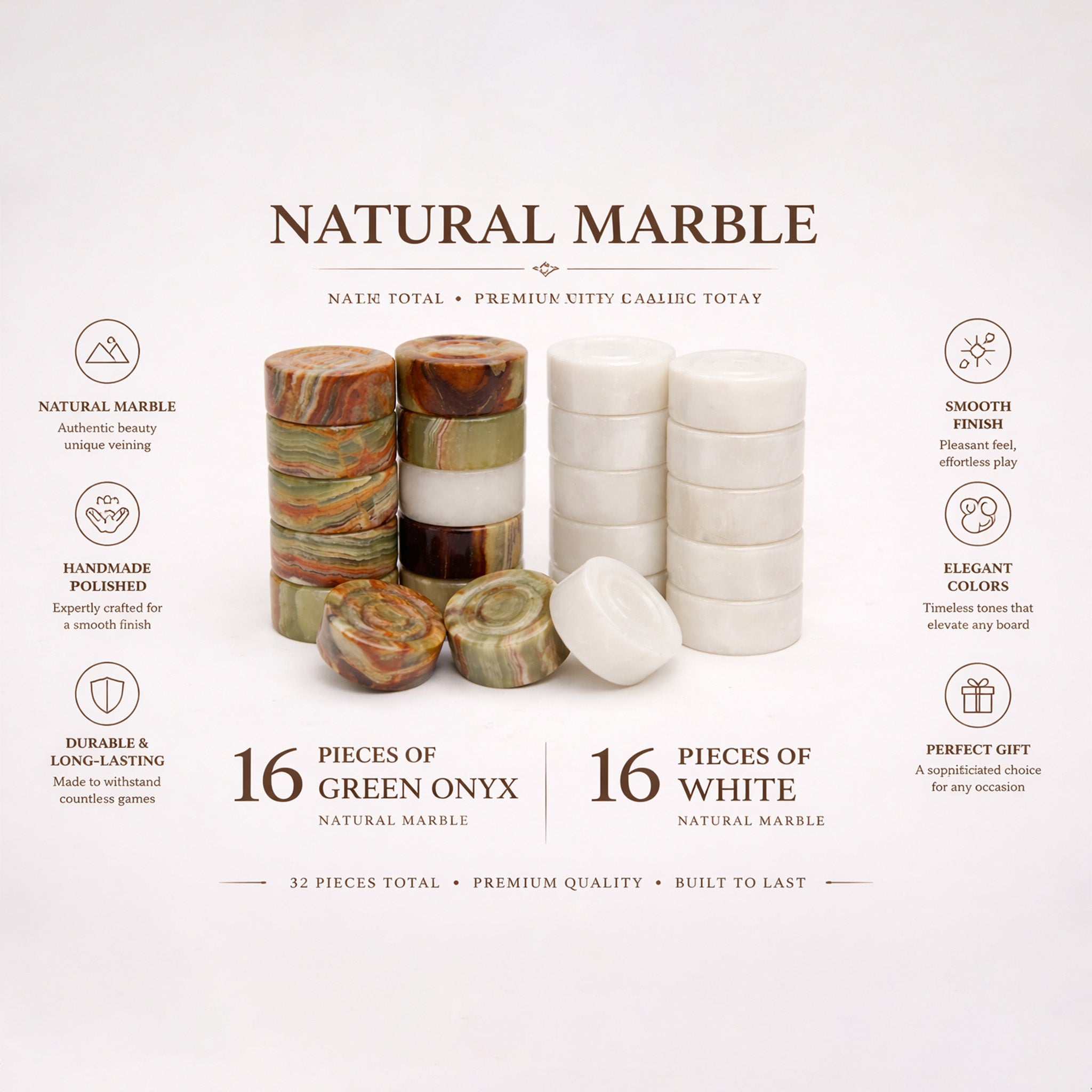 White and Green Onyx Marble Checkers Set - (32 Premium Pieces)